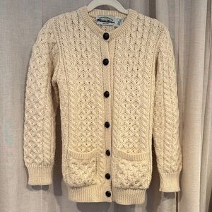 Irish Sweater Aran Crafts 100% Wool Cream Cable Knit Cardigan made in Ireland